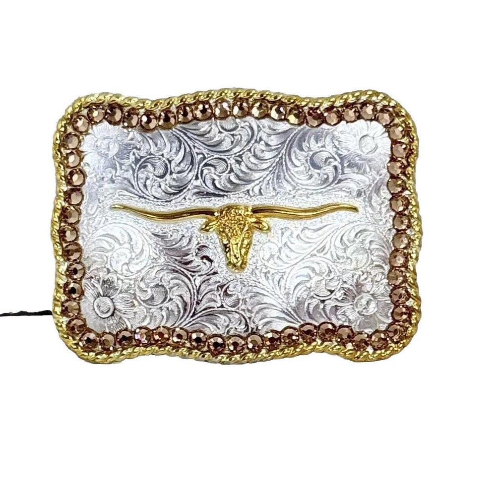 Belt Buckle Nocona Silver & Gold Tone Longhorn  Unisex Jeweled New in the Box